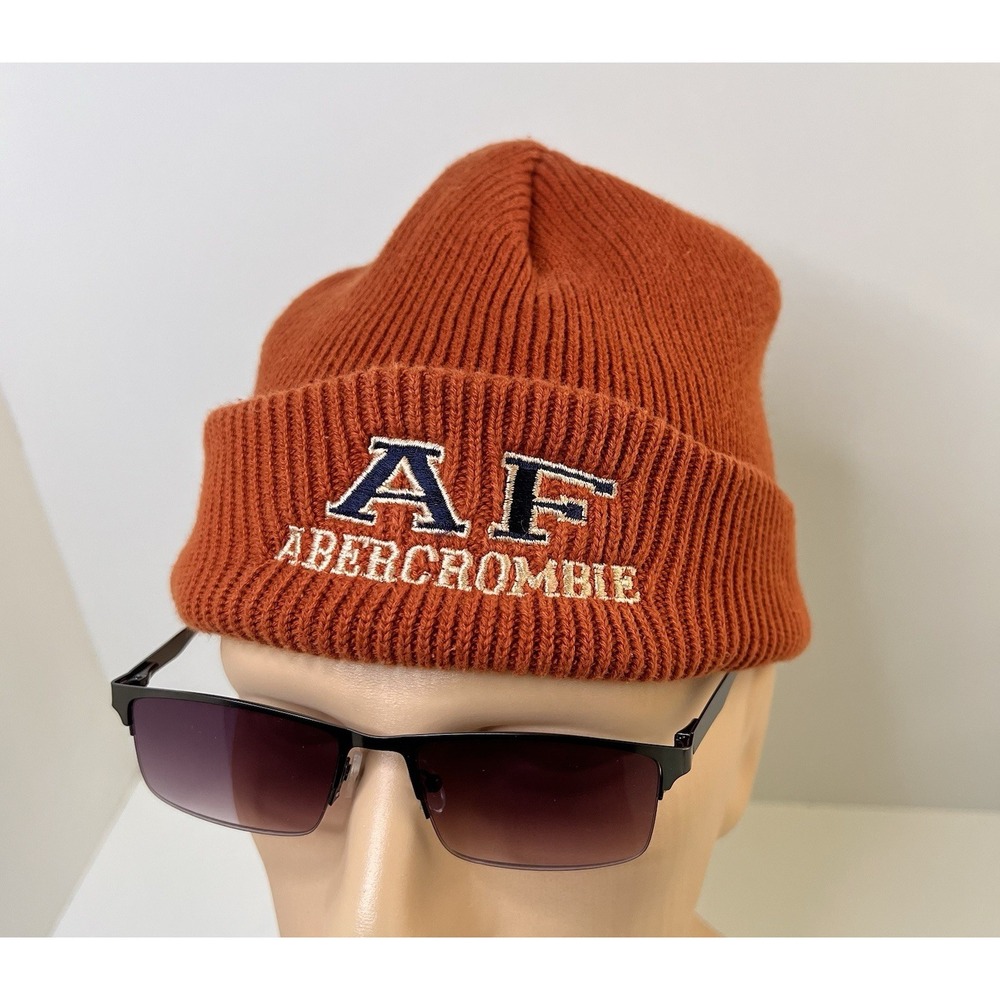 Abercrombie & Fitch Beanie Hat Mens Orange Cotton Knitted Cuffed Vintage Y2K